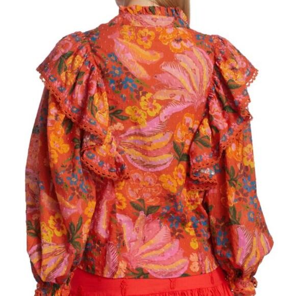 Farm Rio Bananas Ruffle Clip Dot Textured Cotton Blouse RED Puff Sleeve XS - Picture 2 of 16